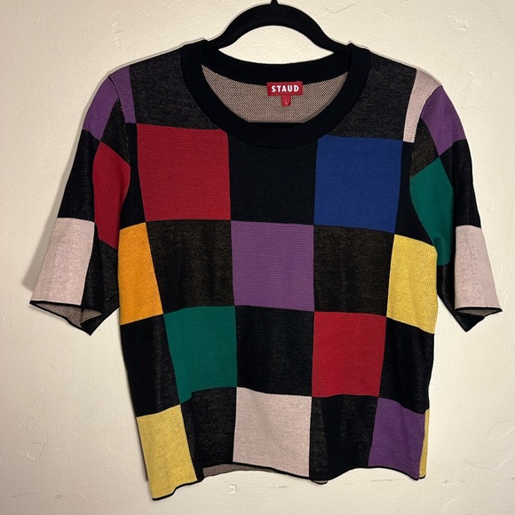 STAUD Bain Checkered Knit Top Size L - Picture 4 of 8